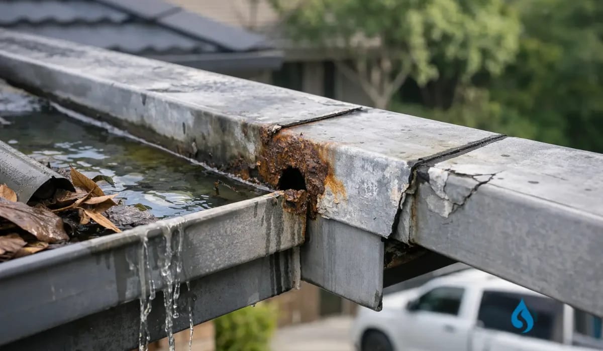 Rusted metal gutter with standing water, leaves and a hole leaking through the sole